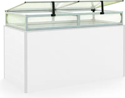 A white raised garden bed with a clear, hinged lid made of aluminum and polycarbonate.