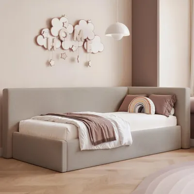 Produktbild von Eckbett Jugendbett Sampre 120x200 cm Taupe Rechts Strukturstoff – Bettkasten, Metalllattenrost