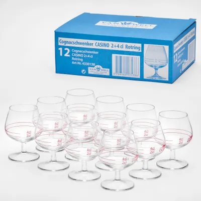 Produktbild von Van Well 12er Set Cognacschwenker Casino 2cl+4cl mit Rotring, geeichtes hochglänzendes Spirituosenglas, spülmaschinenfestes Likörglas für Genießer
