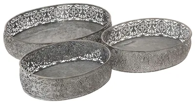 Produktbild von Dekoschale Metall Oval Vintage Grau 3er-Set, Florales Muster, Vielseitig Dekorativ