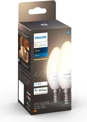 Obrázek produktu pro Pachet 2 becuri LED inteligente Philips Hue, Bluetooth, Zigbee, lumanare, E14, 5.5W, 470 lm, lumina alba calda (2700K), clasa energetica F