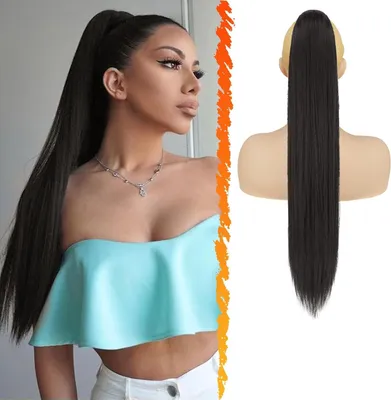 Produktbild von BARSDAR Lang Glatt Pferdeschwanzverlängerung 66CM Schwarz Braun Synthetik Haarverlängerung
