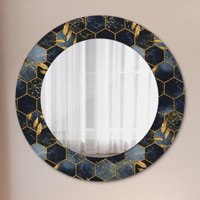 Produktbild von Ø60cm Spiegel - Glasrahmen mit Aufdruck - Wandspiegel Schlafzimmer - Marmor Sechseck