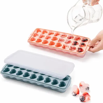 Produktbild von Herz Eiswürfelform 2er Set, Silikon Mini Eiswürfelbehälter mit Deckel, 24 Eiswürfel, spülmaschinengeeignet, für Cocktails, Whiskey & Getränke