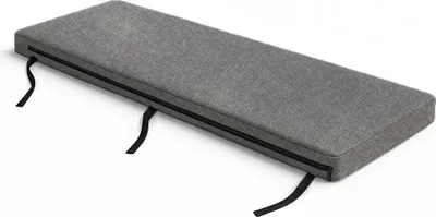 A gray bench cushion with black straps on a white background.