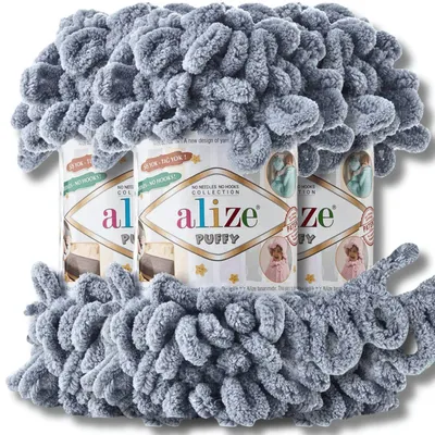 Zdjęcie produktu dla Alize Puffy Wolle, 3 motki po 100g, kolor Uni, do szydełkowania i robienia na drutach (szary - 428)