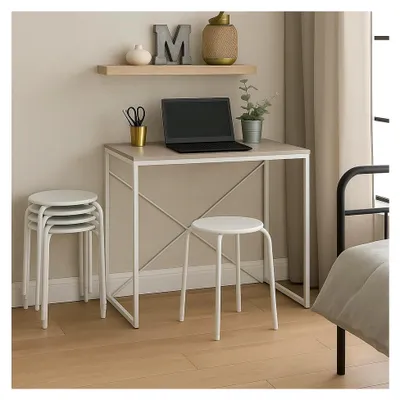 Produktbild von Stapelbarer Metallhocker - Mattweiß - 1x Erwachsene Klein für Küche, Frühstück, Schlafzimmer, Frisiertisch, Wohnzimmer, Bürostuhl