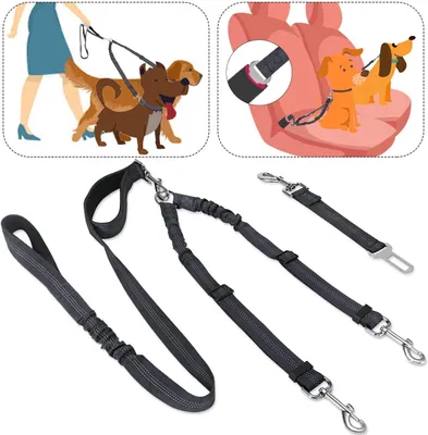Produktbild von 2 in 1 Doppelhundeleine + Autosicherheitsgurt,Zweizweck-Haustierlaufleine und Sicherheitssicherheitsgurt 360° Drehung Verheddert frei verstellbarer Leinengurt elastischer Bungee-Reflexionsgurt,geeignet für Fahrzeugreisen mit zwei Hunden