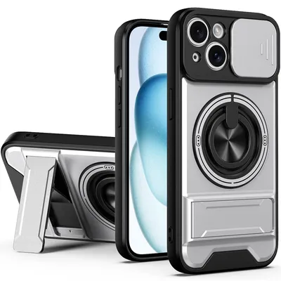 Obrázek produktu pro Magnetické pouzdro pro iPhone 15 Plus Ochranné pouzdro s posuvným krytem fotoaparátu a kroužkovým stojánkem Stříbrná