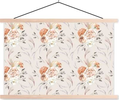 Produktbild von MuchoWow® Textilposter Rosen - Blätter - Muster 120x80 cm mit holzfarbenen Rahmen - Aufhängeset