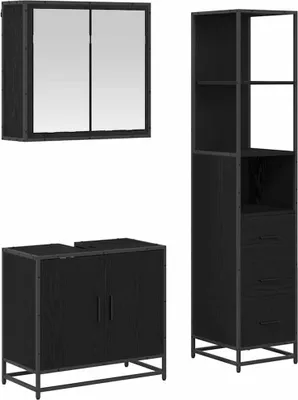 Image de vidaXL Ensemble de meubles de salle de bain, 3 pièces, noir, imitation chêne, matériau composite en bois