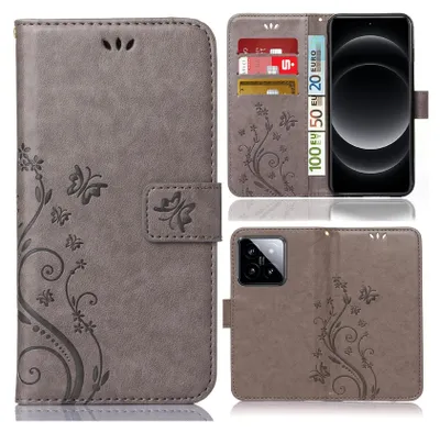 A collage of images showing a grey flip phone case with a floral pattern, a phone inside the case, and a close-up of the phone's camera module.