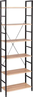 A tall, narrow, six-shelf bookshelf with a black metal frame and light oak-colored shelves, shown against a white background.