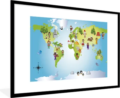 Produktbild von MuchoWow® Gerahmtes Poster Weltkarte - Kinder - Natur - Illustration - Jungen - Mädchen 90x60 cm - Poster mit Schwarzem Bilderrahmen Wandposter Rahmen Foto Bilder - Wanddekoration - Fotos