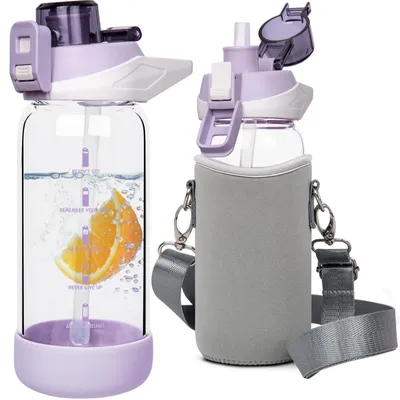 Produktbild von Trinkflasche aus Glas mit Strohhalm und Zeitmarkierungen für Kinder