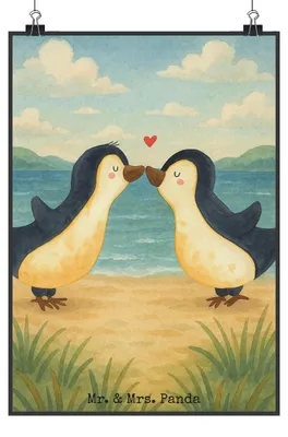 Produktbild von Mr. & Mrs. Panda Bild Pinguine Kuss Design DIN A4 - Weiß - Geschenk, wanddeko, für Freundin, kunstdruck poster, Wandbild, wandkunst, Valentinstag, Freund, Liebesbeweis