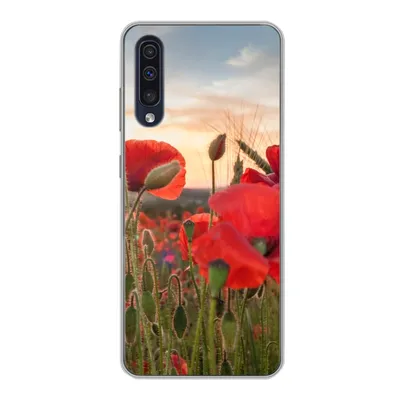 Produktbild von MuchoWow® Handyhülle Schutzhülle Hülle für Samsung Galaxy A30s Sonnenuntergang hinter den schönen Mohnblumen Silikon Softcase Handy Hülle - Karteninhaber
