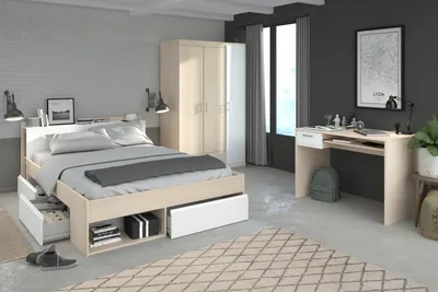 Produktbild von Schlafzimmer-Set >Most 74< (3-teilig) Bett, Kleiderschrank, Schreibtisch, Akazie Nachbildung / Weiss