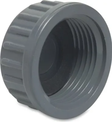 A close-up, studio shot of a gray PVC-U threaded cap.