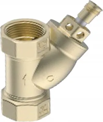 A brass Y-strainer filter with threaded connections and a small cap on the side.