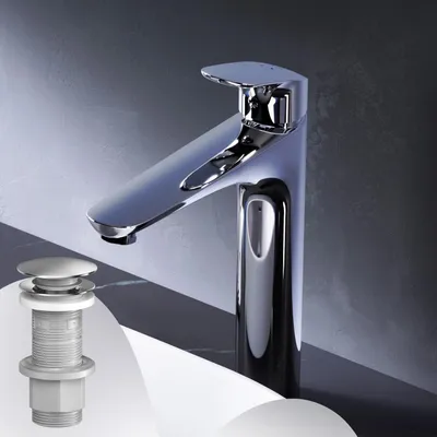 Productafbeelding van AM.PM Badkraan met pop-up afvoer voor wastafel, chroom. Wastafelmengkraan met afvoer set, 1 1/4 inch, messing