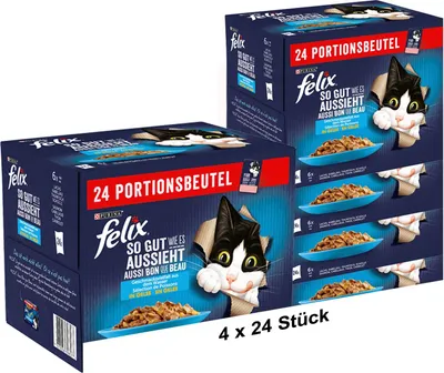 Produktbild von FELIX So gut wie es aussieht Katzenfutter nass in Gelee, Fisch Sorten-Mix, 4x24x85g (4x24x85g)