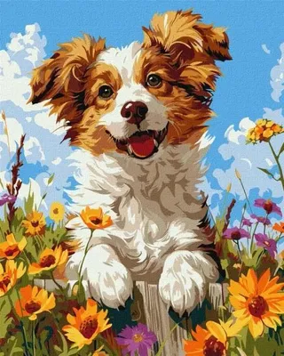 Produktbild von Malen nach Zahlen – Hund in Blumen 40 x 50 cm – Ideyka