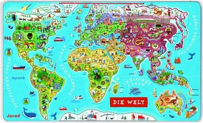 A colorful world map puzzle with illustrations of animals and landmarks.