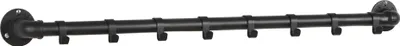 A black metal coat rack with 8 hooks mounted on a white background.