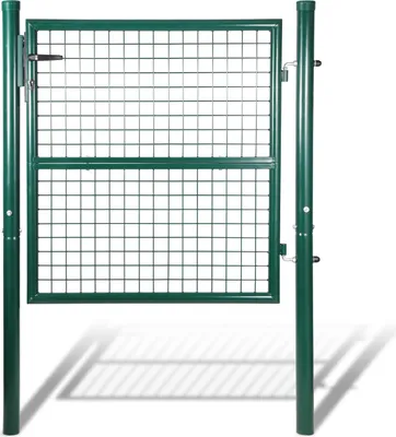 A green metal garden gate with a wire mesh infill, shown standing upright between two posts.