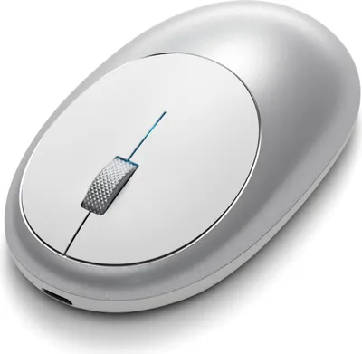 A silver and white wireless computer mouse is shown from a slightly elevated angle against a white background.