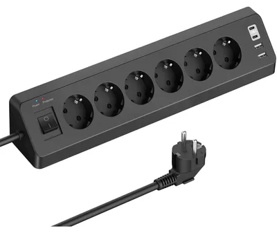 Obrázok produktu pre Zásuvka s uhlom, s 4 USB portami a 6 zásuvkami, čierna