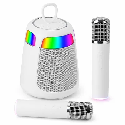 Produktbild von Karaoke-Anlage mit 2 Funkmikrofonen, Bluetooth 5.3, 15 Std. Akkulaufzeit, RGB-Licht, USB/TF/AUX, für Party, Camping & Outdoor
