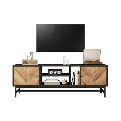 A TV stand with a television mounted above it, set against a white background.