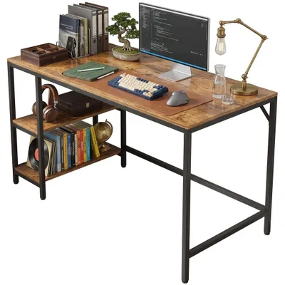 Zdjęcie produktu dla Biurko komputerowe stolik vintage rustykalny brąz loft z 2 półkami 140 cm
