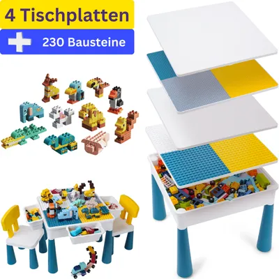 Produktbild von WonderMind® Spieltisch + 230 Bauklötze (DUPLO & LEGO kompatibel) - Sandkasten (drinnen oder draußen) mit 2 Tischplatten und 2 Stühlen
