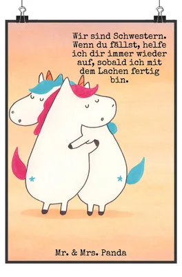 Produktbild von Mr. & Mrs. Panda Bild Einhörner Umarmen Design DIN A2 - Weiß - Geschenk, Geschwister, Kunstdruck, Schwester, wanddeko, Freundin, drucke, Wandbild, Familie, Wanddekoration