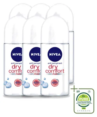 Imagen del producto de 6 unidades de desodorante roll-on NIVEA Dry Comfort, sin alcohol, 50 ml, pack grande