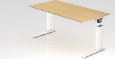 Produktbild von Schreibtisch Mauri | Ahorn | Weißes Gestell | BxT 160x80cm | Arbeitshöhe 68-86cm | höhenjustierbar, 2cm Raster | C-Fuß-Gestell | Rechteckform