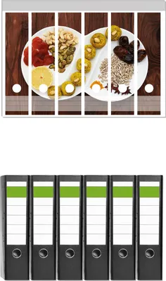Produktbild von Wallario 6 Stück breite Ordner inkl. Klebeetiketten mit Motive Trockenfrüchten und Nüssen - Gesundes zum Knabbern -  Set mit Rückenschildern / Ordnerrücken Stickern