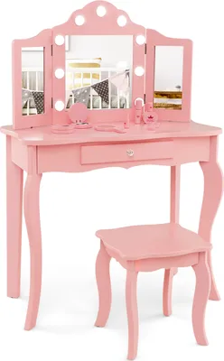 A pink vanity table and chair set for children, with a tri-fold mirror and decorative lights.