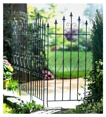 Produktbild von Dekozaun Lilie 111 cm hoch aus schwarzem Metall, Vintage Gartenzaun, Steckzaun, Zierzaun, Vorgartenzaun, Zaunelement 53 cm breit