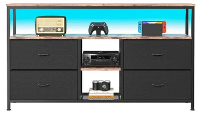Zdjęcie produktu dla RTV stojak - szafka pod telewizor z podświetleniem LED zmieniającym kolor - 108 x 30 x 78 cm - 4 wysuwane szuflady - otwarta półka - metalowa konstrukcja - kolor czarny