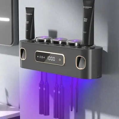 Obrázek produktu pro Držák na zubní pastu s UV dezinfekcí – nástěnný dávkovač na zubní kartáčky – solární nabíjení + USB – černá barva