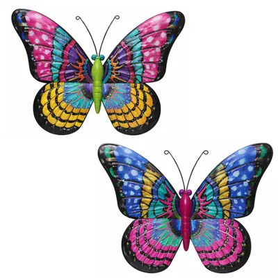 Image de Ensemble de 2 papillons métalliques pour jardin – Décoration murale colorée pour jardin, clôture ou balcon – 32,5 x 23,5 cm