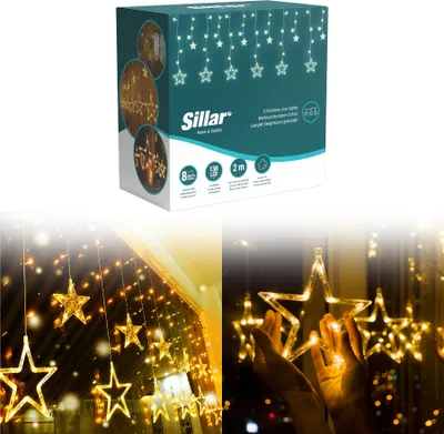 A collage of product packaging and lifestyle shots of star-shaped LED string lights.