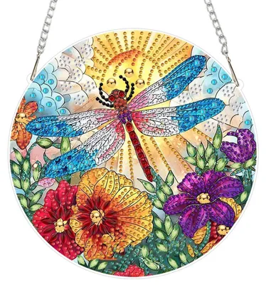 Immagine prodotto di Quadri da finestra con tecnica diamond painting, motivo libellule e fiori, 5D, bilaterale, kit per adulti, decorazione per finestre, colore giallo