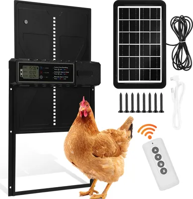 Obrázok produktu pre TolleTour Hliníková automatická klapka na kurčatá solárna, automatická klapka na kurčatá s LED displejom, časovačom, diaľkovým ovládaním, elektrická klapka na kurníky, čierna