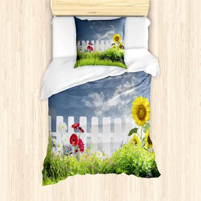 Produktbild von ABAKUHAUS Garten Bettbezug Set für Einzelbetten, Gänseblümchen Sonnenblumen, Milbensicher Allergiker geeignet mit Kissenbezug, Zinnoberrot Lindgrün Blaugrau Gelb
