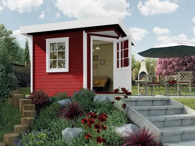 Produktbild von Gartenhaus weka Designhaus 213+ Gr. 1 hohes Durchgangsmaß 195 cm, mit Fußboden 278 x 278 cm rot
